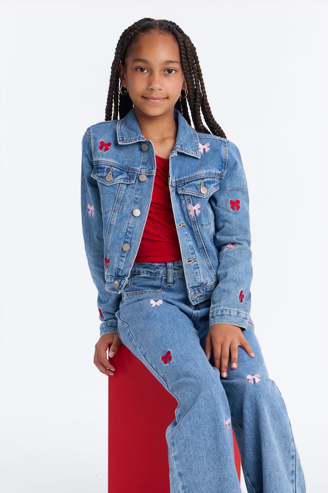 Mini Clara Embroidered Bow Denim Jacket - Light Wash