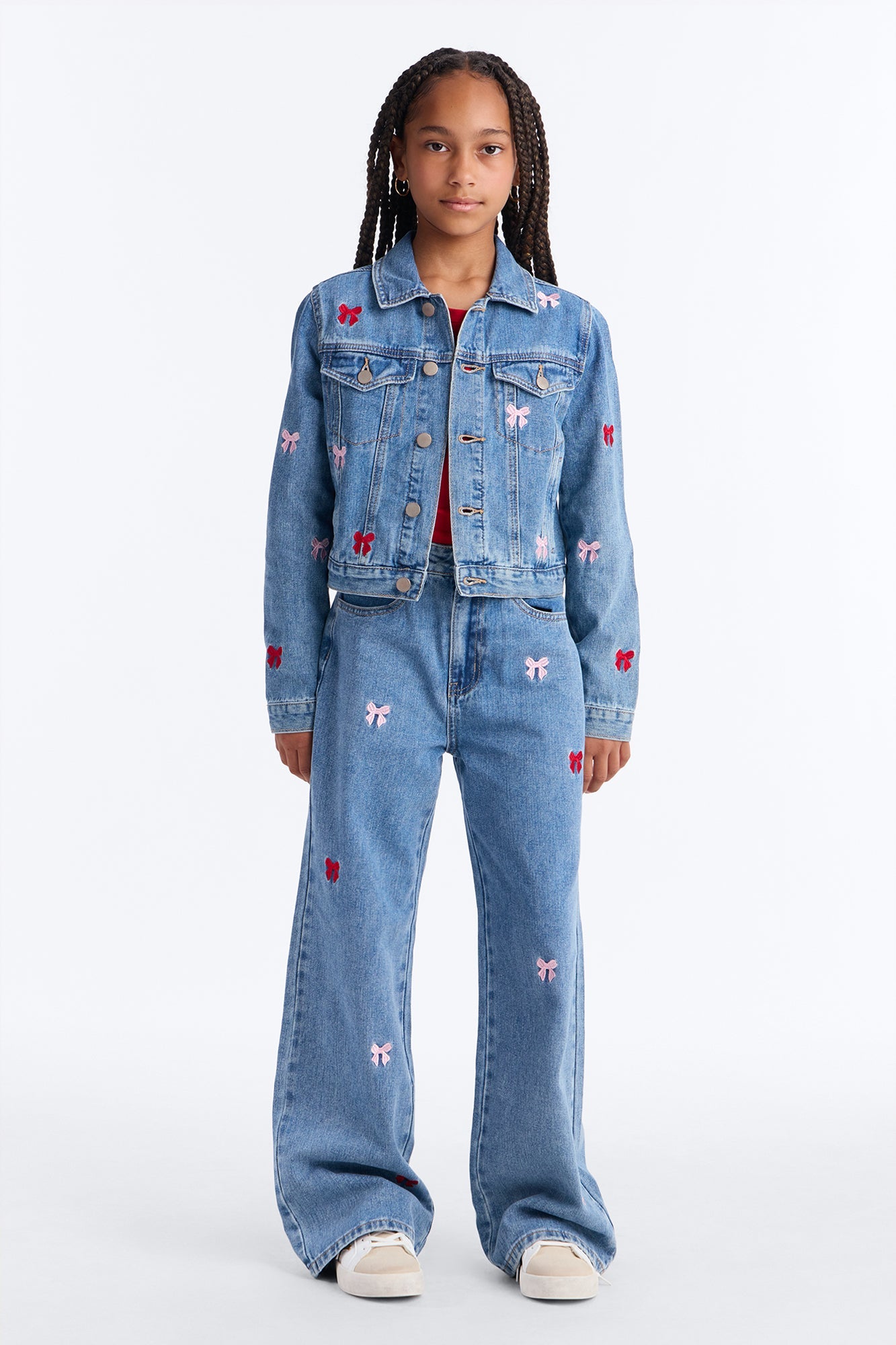 Mini Clara Embroidered Bow Denim Jacket - Light Wash